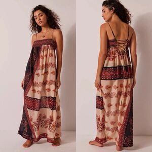 Free People NWT Bali Saltwater Maxi Dress S Boho Lace Up Back Cotton Festival